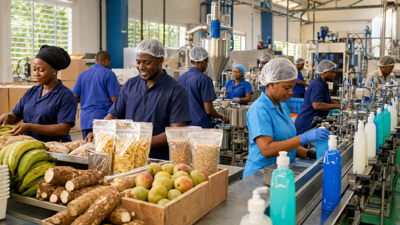 Professionnels haïtiens dans une usine moderne de transformation alimentaire et de produits de nettoyage